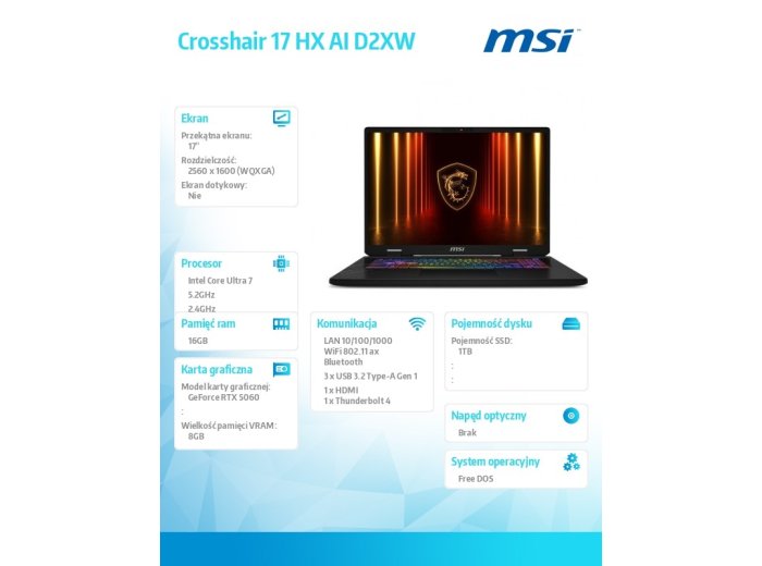 Notebook MSI Crosshair 17 HX AI D2XWFKG-008XPL 17"QHD+/Ultra 7 255HX/16GB/SSD1TB/RTX5060-8GB/