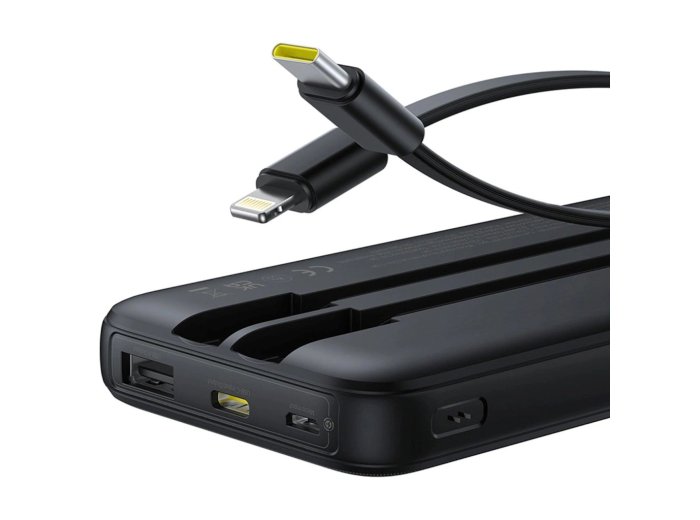 Powerbank Baseus Lipow 10000mAh 22.5W z podwójnym wbudowanym kablem z wyświetlaczem (z dodatkowym czarnym kablem Baseus Simple USB-A - USB-C 3A 0,2m) - czarny