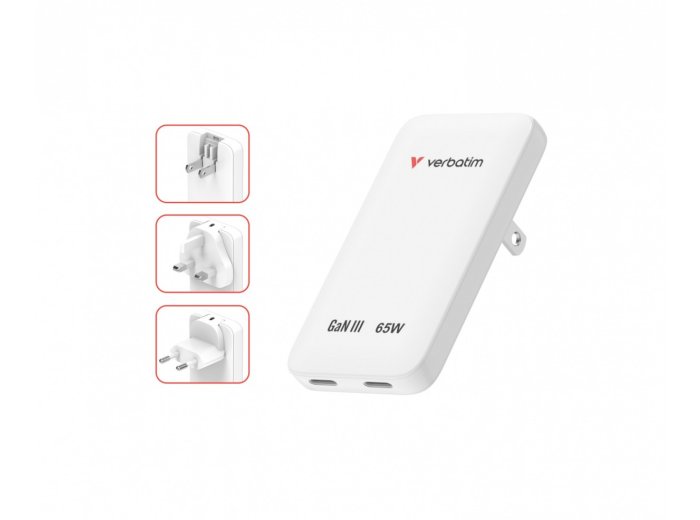 Ładowarka Slim Essentials GaN 65W 2x USB-C US/UK/UE biała