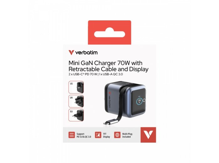 Ładowarka Smart Mini GaN 70W wysuwany kabel USB-C EU, UK, USA