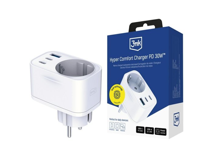 Adapter sieciowy Hyper Charger 30W 1xUSB-A 2xUSB-C 1x Schuko PD  QC 3.0 białt
