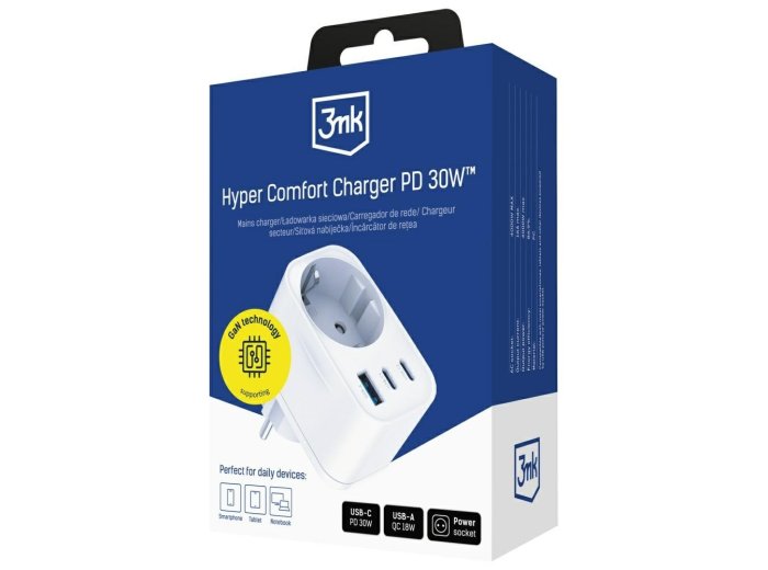 Adapter sieciowy Hyper Charger 30W 1xUSB-A 2xUSB-C 1x Schuko PD  QC 3.0 białt