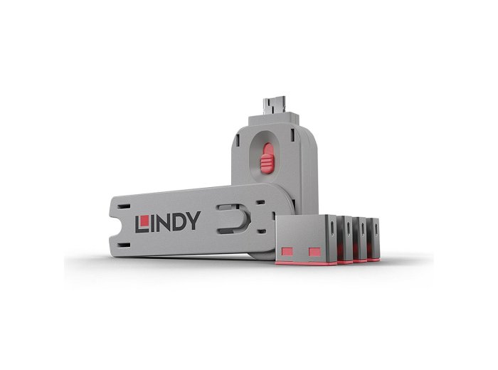 Lindy 40450 bloker portów Blokada portu + klucz USB Typu-A Różowy Kopolimer akrylonitrylo-butadieno-styrenowy (ABS) 5 szt.