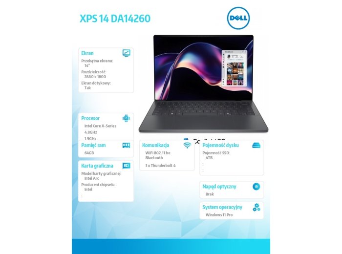 Laptop XPS 14 DA14260 Win11Pro Core Ultra X7 358H/64GB/4TB/14 TOUCH/2,8K/Intel Arc/FgrPr/Cam/Mic/Backlit Kb/3 Cell/3Y ProSupport