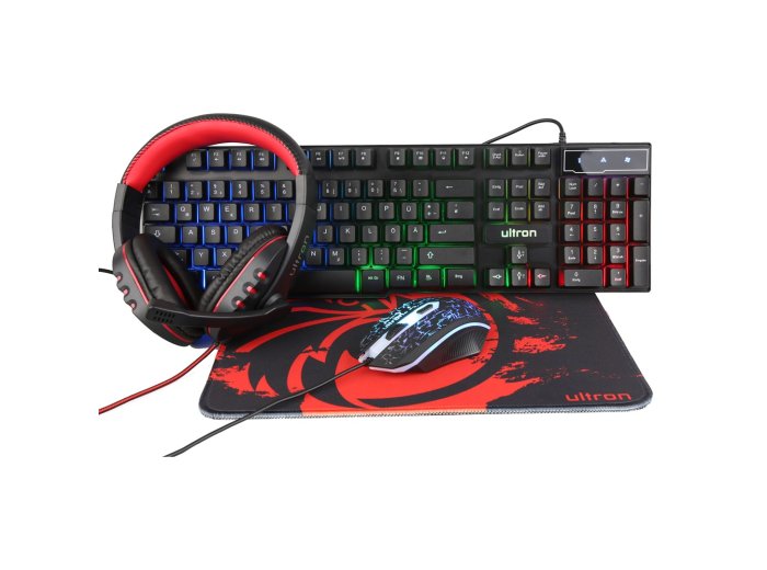 Ultron HAWK Gaming Set klawiatura Dołączona myszka QWERTZ Niemiecki Czarny, Czerwony, Biały