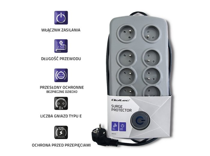 Listwa antyprzepięciowa Quick Switch, 8 gniazd, 2,5m, szara