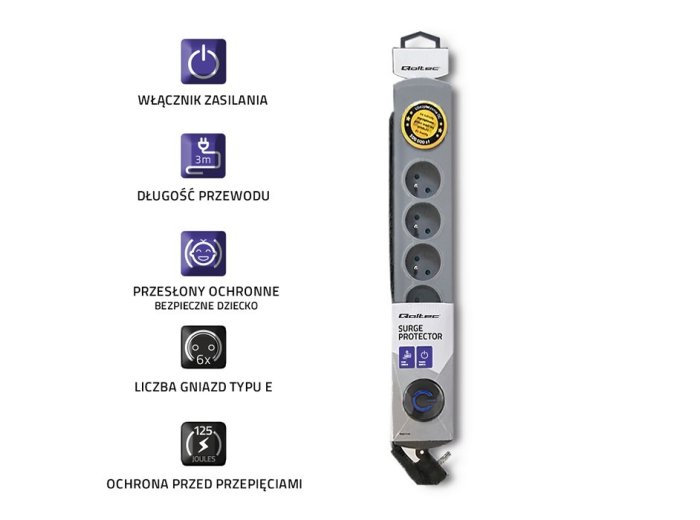 Listwa antyprzepięciowa Quick Switch, 6 gniazd, 3m, szara