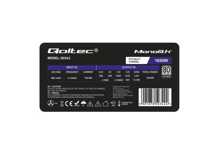 Qoltec Wydajny Zasilacz ATX 1650W | 80 Plus Platinum