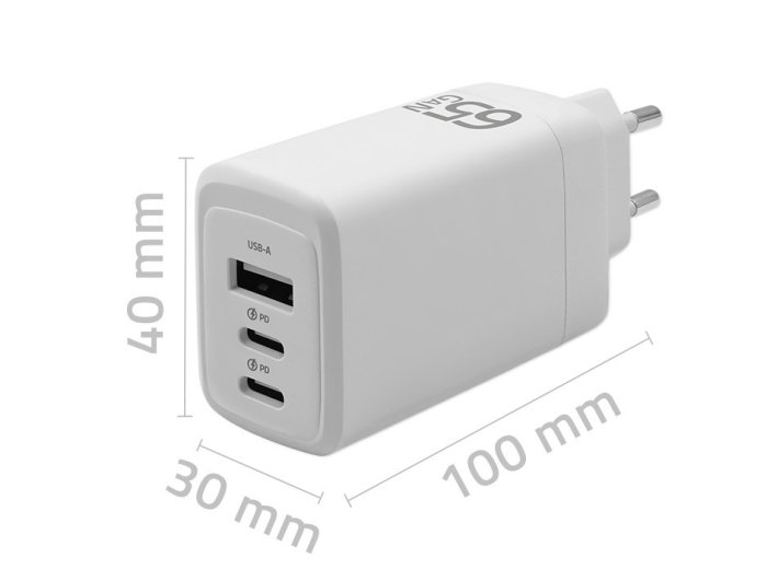 Ładowarka sieciowa 65W GaN | 5-20V | 3-3.35A | 2xUSB-C PD | 1xUSBQC 3.0 | Biała