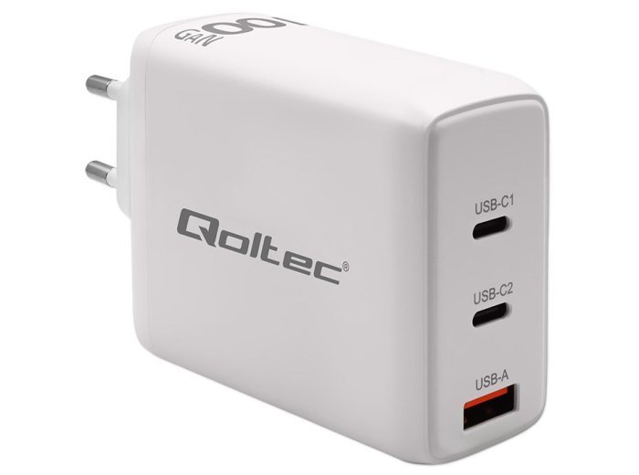 Qoltec Ładowarka sieciowa 100W GaN | 5-20V | 1.5-5A | 2 x USB-C PD | 1 x USB QC 3.0 | Biała