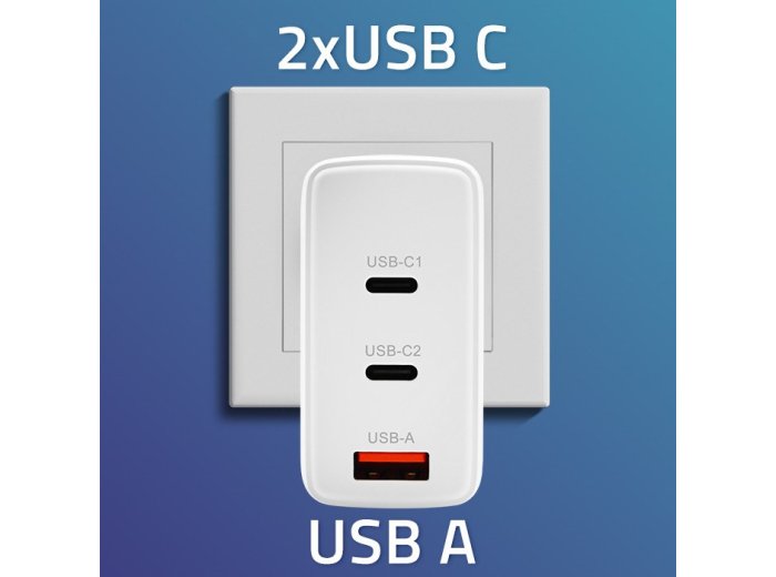Qoltec Ładowarka sieciowa 100W GaN | 5-20V | 1.5-5A | 2 x USB-C PD | 1 x USB QC 3.0 | Biała