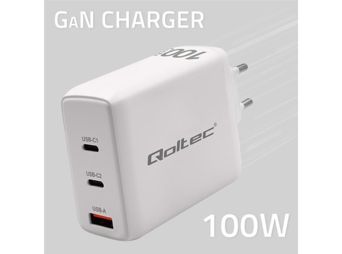 Qoltec Ładowarka sieciowa 100W GaN | 5-20V | 1.5-5A | 2 x USB-C PD | 1 x USB QC 3.0 | Biała