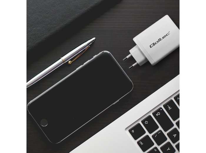 Qoltec Ładowarka sieciowa 100W GaN | 5-20V | 1.5-5A | 2 x USB-C PD | 1 x USB QC 3.0 | Biała