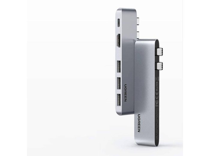 Ugreen  wielofunkcyjny HUB 2x USB Typ C na USB Typ C PD (Thunderbolt 3, 100W, 4K@60 Hz, 10 Gbps) / HDMI 4K@30 Hz / 3x USB 3.0 do MacBook Pro / Air szary