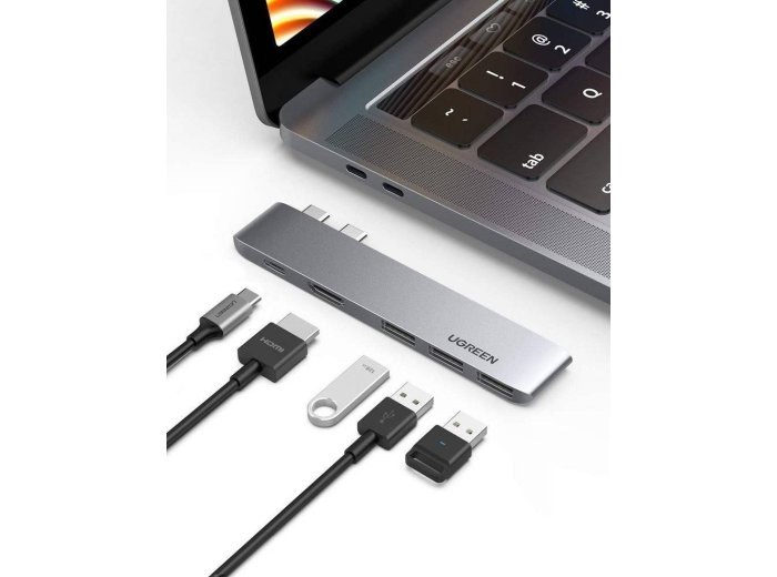Ugreen  wielofunkcyjny HUB 2x USB Typ C na USB Typ C PD (Thunderbolt 3, 100W, 4K@60 Hz, 10 Gbps) / HDMI 4K@30 Hz / 3x USB 3.0 do MacBook Pro / Air szary