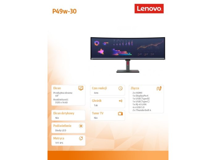 Monitor 49.0 cali ThinkVision P49w-30 WLED 63DBRAT1EU