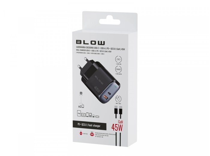 Ładowarka sieciowa gniazdo USB + USB-C PD 45W + kabel