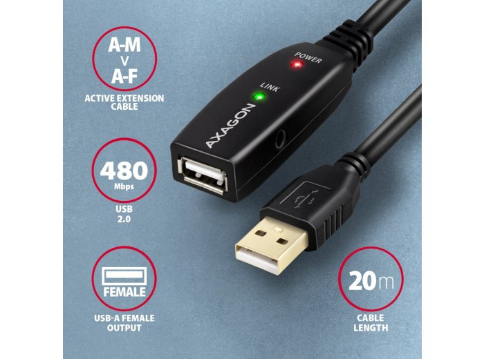 Kabel Axagon ADR-220 USB 2.0 A-M -> A-F active extension/repeater cable 20m Czarny