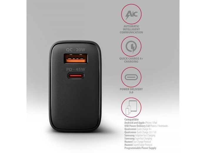 ACU-PQ45 Ładowarka sieciowa 2-port  QC3.0,4.0/AFC/FCP/PPS/Apple  + PD type-C, 45W, Czarna