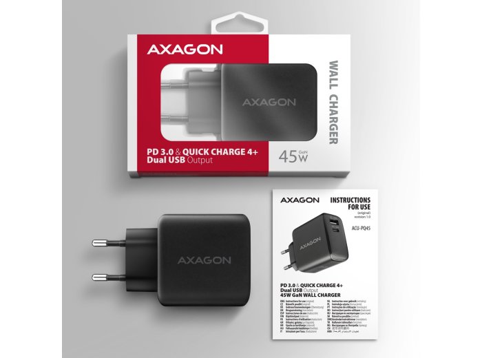 ACU-PQ45 Ładowarka sieciowa 2-port  QC3.0,4.0/AFC/FCP/PPS/Apple  + PD type-C, 45W, Czarna