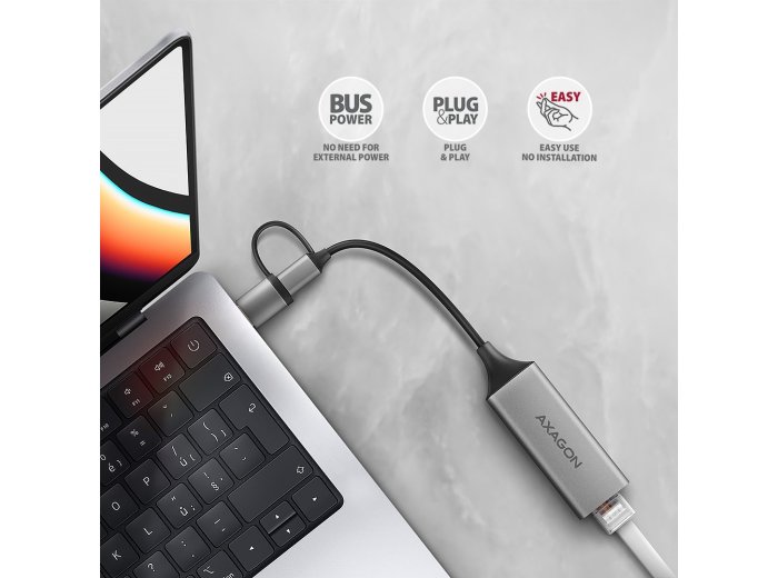 ADE-TXCA Karta sieciowa Gigabit Ethernet adapter, USB-C (USB-A redukcja) 3.2 Gen 1, instalacja automatyczna