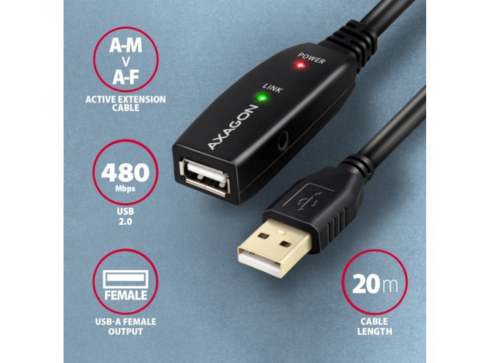 ADR-220 Przedłużacz aktywny USB-A (wtyk) - USB-A (gniazdo) 20 m, USB 2.0, opcjonalne zasilanie 5V (jack), możliwość łączenia