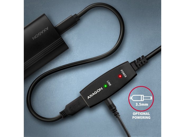 ADR-220 Przedłużacz aktywny USB-A (wtyk) - USB-A (gniazdo) 20 m, USB 2.0, opcjonalne zasilanie 5V (jack), możliwość łączenia