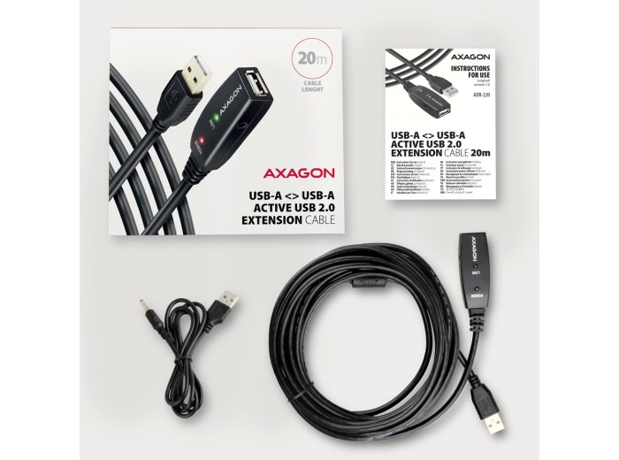ADR-220 Przedłużacz aktywny USB-A (wtyk) - USB-A (gniazdo) 20 m, USB 2.0, opcjonalne zasilanie 5V (jack), możliwość łączenia