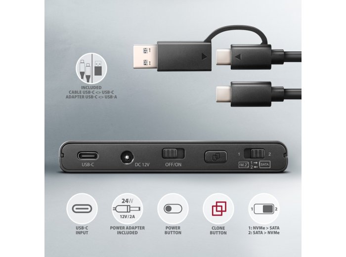 ADSA-CC Adapter USB-C 10Gbps NVMe M.2 2.5/3.5 SSD&HDD Clone Master 2