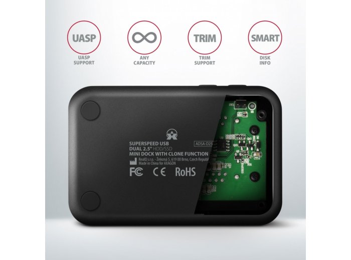 ADSA-D25 MINI stacja dokująca USB 3.2 Gen 1 - 2x SATA 6G 2.5" SSD/HDD CLONE