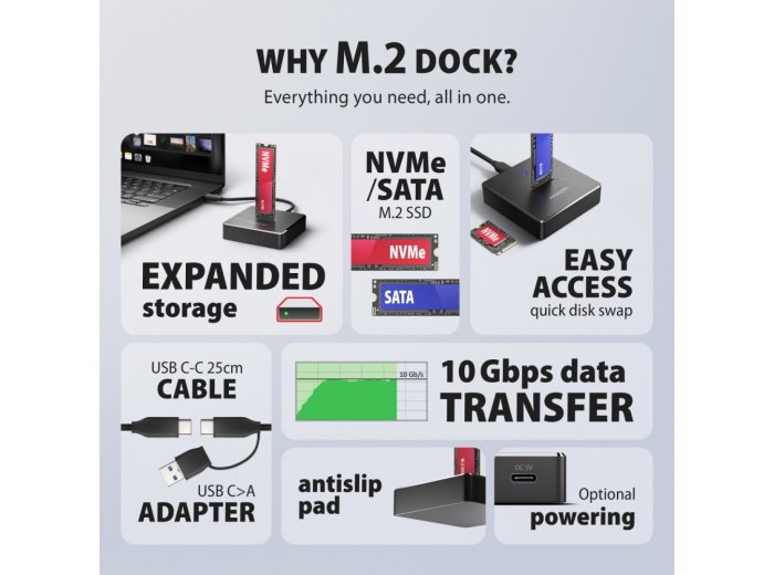 ADSA-M2C11 Stacja dokująca USB-C 3.2 Gen 2 ALU - 1 x NVMe /SATA M.2 10Gbps