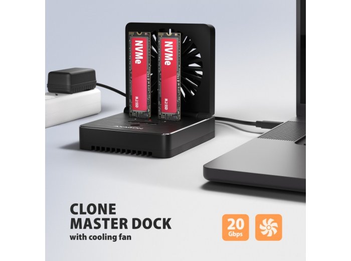 ADSA-M2C22 ALU Stacja dokująca USB-C 3.2 Gen2x2 dla 2x M.2 NVMe/SATA SSD z funkcją klonowania dysków bez komputera, z wentylatorem chłodzącym