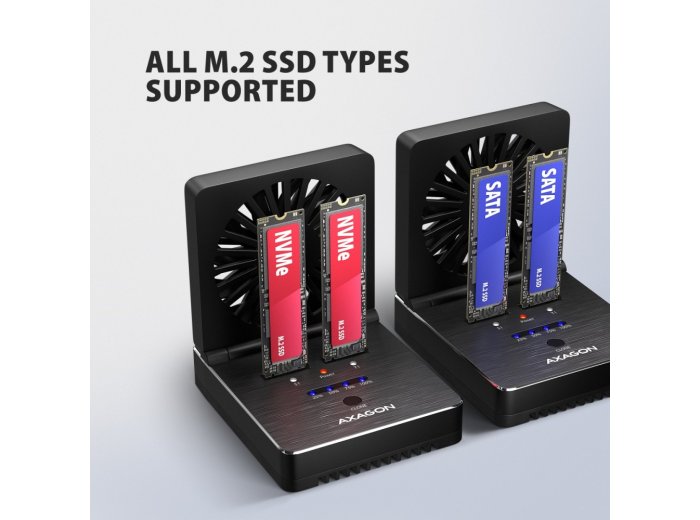 ADSA-M2C22 ALU Stacja dokująca USB-C 3.2 Gen2x2 dla 2x M.2 NVMe/SATA SSD z funkcją klonowania dysków bez komputera, z wentylatorem chłodzącym