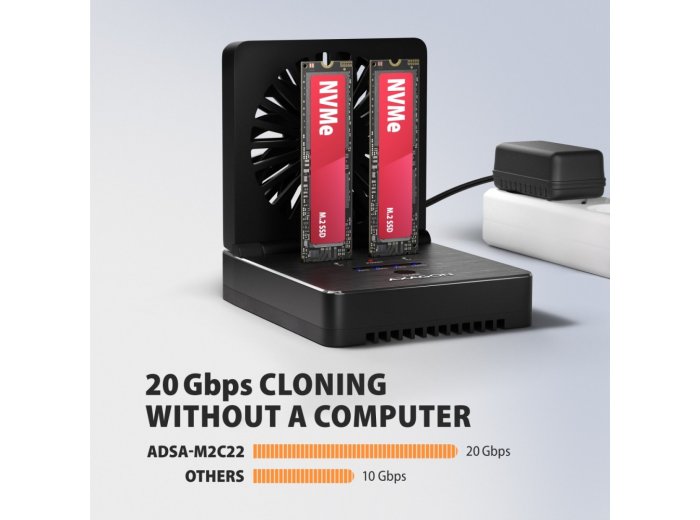 ADSA-M2C22 ALU Stacja dokująca USB-C 3.2 Gen2x2 dla 2x M.2 NVMe/SATA SSD z funkcją klonowania dysków bez komputera, z wentylatorem chłodzącym
