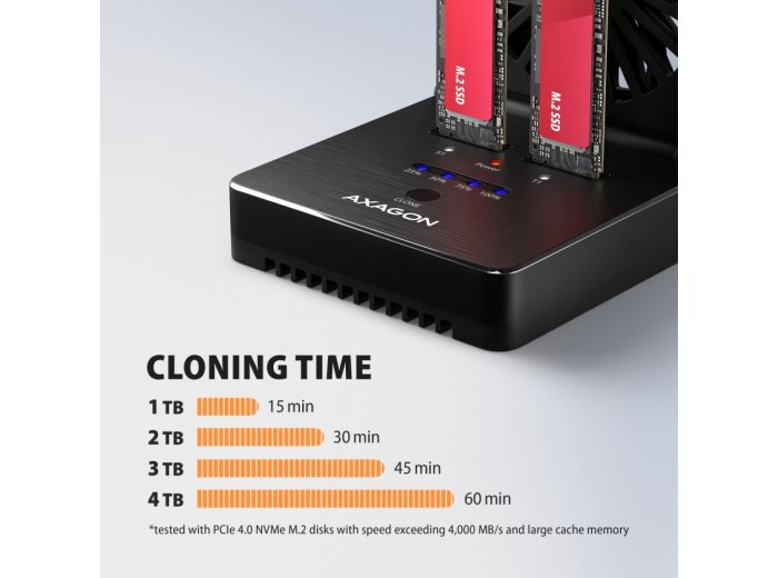 ADSA-M2C22 ALU Stacja dokująca USB-C 3.2 Gen2x2 dla 2x M.2 NVMe/SATA SSD z funkcją klonowania dysków bez komputera, z wentylatorem chłodzącym