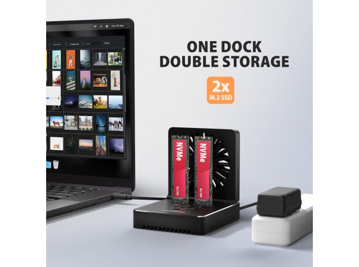 ADSA-M2C22 ALU Stacja dokująca USB-C 3.2 Gen2x2 dla 2x M.2 NVMe/SATA SSD z funkcją klonowania dysków bez komputera, z wentylatorem chłodzącym