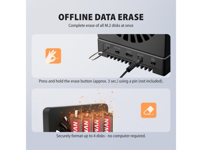 ADSA-M2C44 ALU Stacja dokująca USB4 dla 4x M.2 NVMe SSD z funkcją klonowania dysków bez komputera, z wentylatorem chłodzącym