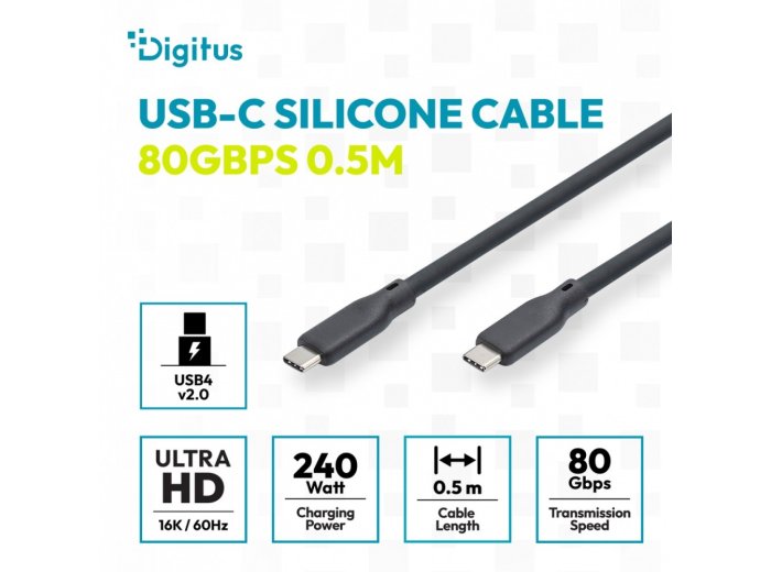 Kabel połączeniowy silikonowy USB-C-USB-C | USB 4 ver.2.0 80Gbps | 8K@60Hz | PD 3.1 240W| 0,5m | czarny