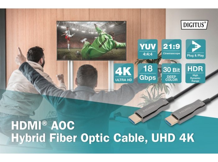 Kabel połączeniowy hybrydowy AOC HDMI 2.0 Premium HighSpeed 4K/60Hz UHD HDMI A/HDMI A M/M czarny 20m