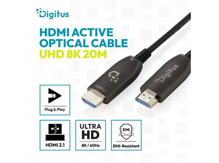 Kabel połączeniowy hybrydowy HDMI AOC | HDMI-A męski-męski | HDMI 2.1 | UHD-2 8K@60Hz | 48Gbps |HDR, eARC, HDCP 2.2, CEC | 20m