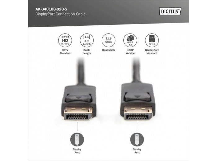 Kabel połączeniowy DisplayPort z zatrzaskami 4K 60Hz UHD Typ DP/DP M/M czarny 2m