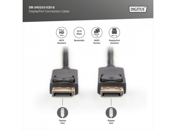 Kabel połączeniowy DisplayPort z zatrzaskami 1080p 60Hz FHD Typ DP/DP M/M czarny 2m