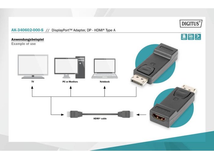 Adapter Displayport 1080p 60Hz FHD Typ DP/HDMI A M/Ż czarny