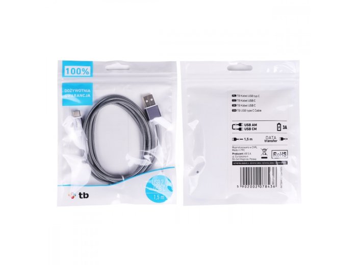 Kabel USB-USB C 1.5m szary sznurek