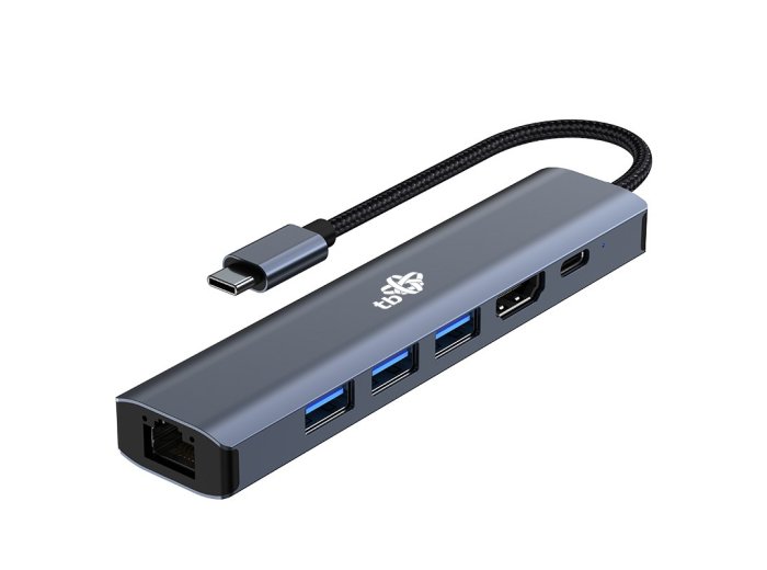 Adapter HUB USB C 6w1 - HDMI, USBx3, PD, RJ-45