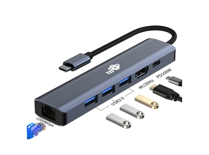 Adapter HUB USB C 6w1 - HDMI, USBx3, PD, RJ-45