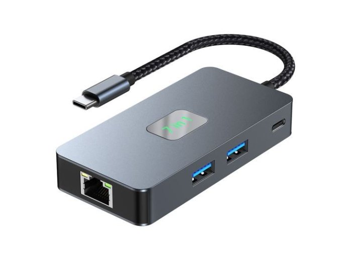 Adapter HUB USB C (7w1) HDMI USB SD/TF RJ45 (2500 Mbps) PD