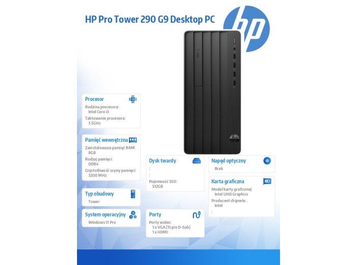 Komputer Pro Tower 290 G9 i3-14100 512GB/8GB/W11P B6ZA9ET