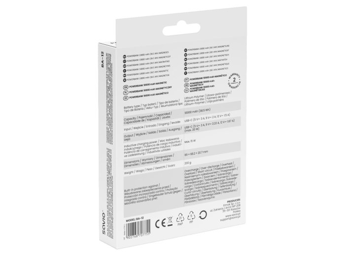 SAVIO POWERBANK 10000 MAH MAGNETYCZNY CZARNY BA-12