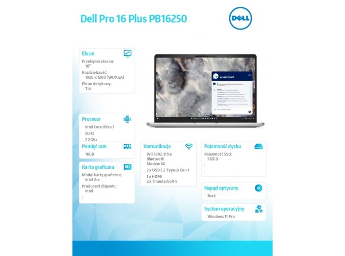 Laptop Dell Pro 16 Plus PB16250 W11P U7-266V/16GB/512GB SSD CL25/FgrPr&SmtCd/IRCam&Mic/5G LTE+BT/16.0 FHD+ Touch/BcklKb/3C/vPro/3YPS